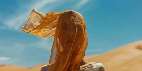 Mujer misteriosa con tela en la cara en mitad del desierto, mujer de las dunas
