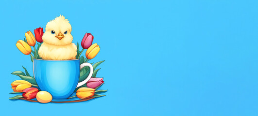 Naklejka premium cute yellow chicken in a tea mug with eggs and tulips. Happy Easter, spring holiday. artificial intelligence generator, AI, neural network image. background for the design.