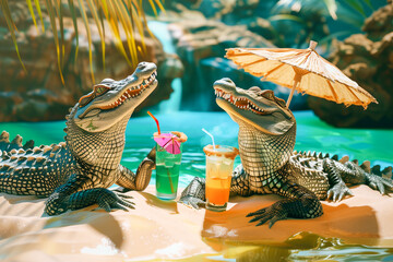 Two alligators on vacation sip a drink, generative ai