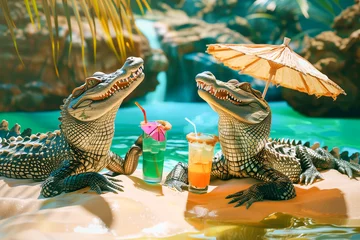 Foto op Canvas Two alligators on vacation sip a drink, generative ai © Hunterframe