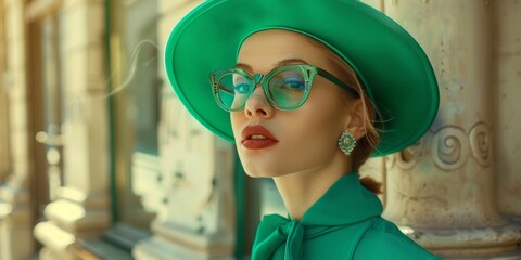 Mujer rubia con sombrero y gafas verdes, elegante chica con ropa vintage de época 