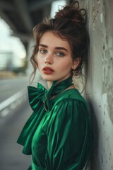 Vestido verde con lazo coquette, mujer joven posando en la calle con ropa de época