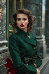 Mujer elegante posando con abrigo verde vintage con lazo estilo coquette 