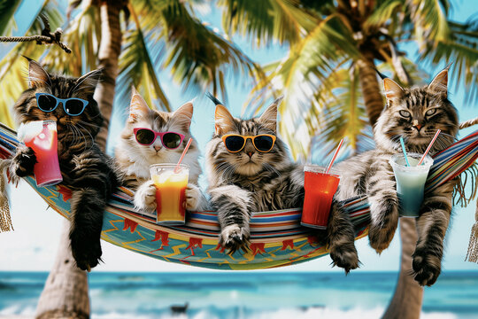 A group of cats are lounging on a hammock by the ocean, generative ai