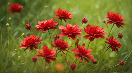 A cluster of vibrant red flowers blooms amidst the green grass, adding a splash of color to the natural landscape. The flowers stand tall and proud, swaying gently in the breeze.