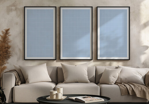 Three Picture Frame Mockup On The Wall With Sofa, Decorations And Generative ai