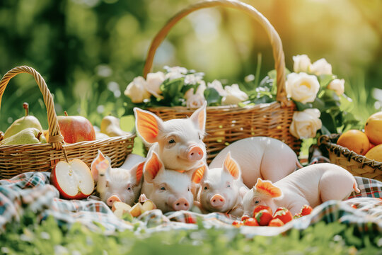 A family of pigs has a picnic on the lawn, generative ai