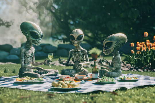 Three aliens are sitting on a blanket and eating food, generative ai