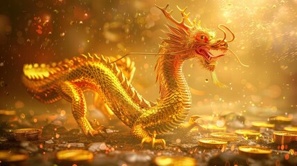Fototapeta premium Illustration Chinese golden dragon waiting for a pile of gold coins. ai generative