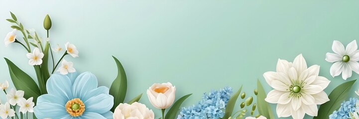 spring banner in pastel colors with white and blue snowdrops with green leaves with free space for text insertion