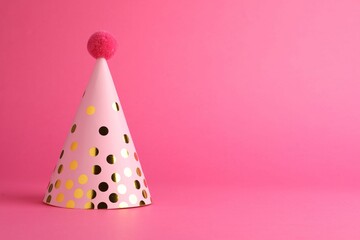 One beautiful party hat with pompom on pink background, space for text