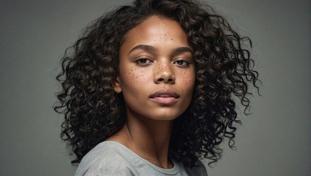 A portrait of a young woman with curly hair and freckles