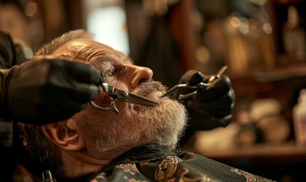 Barber skilled hands as he uses a straight razor to shape the contours of a man's beard
