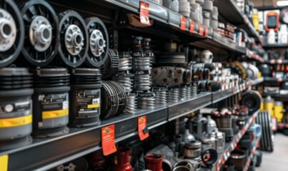 Details of different auto parts neatly arranged on display shelves in the store - obrazy, fototapety, plakaty