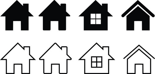 Home icons set. House symbol real estate objects and houses black flat and line vector collection isolated on transparent background. Investment, Residential Building, City, Apartment, web and app.