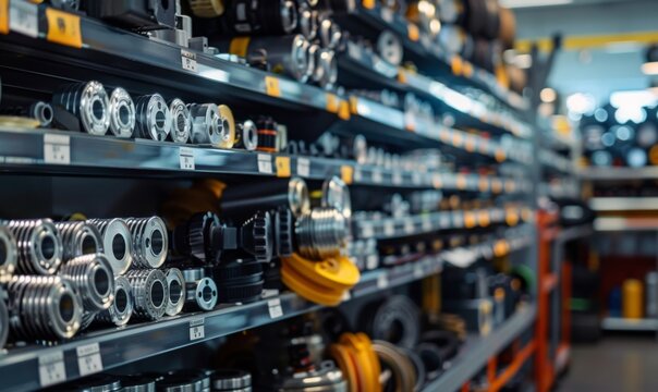Details of different auto parts neatly arranged on display shelves in the store