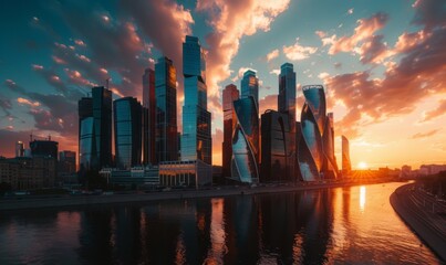 Modern buildings in Moscow City, showcasing the sleek lines and futuristic design - obrazy, fototapety, plakaty
