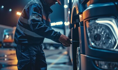 Truck driver performing pre-trip inspections on their parked vehicle