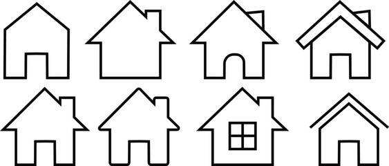 Home icons set. House symbol real estate objects and houses black linr vector collection isolated on transparent background. Investment, Residential Building, City, Apartment, web and app.