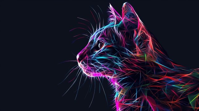 Illustration abstract 3d hologram cat animal, on dark background. AI generated