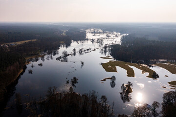 Flooded fields, meadows and forests during excessive rainfall. A river flooding fields and forests, view from a drone..