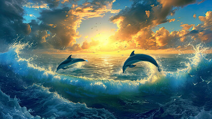 Landscape of the sea and dolphins jumping out of the water against the backdrop of sunset