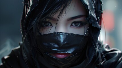 futuristic mysterious black hood female ninja. AI generated - obrazy, fototapety, plakaty