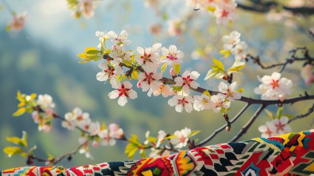 Traditional martenitsa doll on a tree blooming in spring.Ai generated