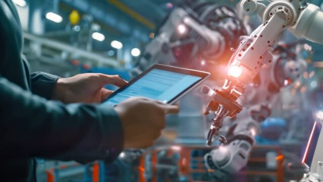 Industry engineer in factory using digital tablet with automated robot arm machine learning operation, system control monitoring, business