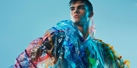 Fototapeta premium Moda upcycling con bolsas de plástico de colores, modelo activista cambio climático, tendencia gorpcore con basura, ropa del futuro hecha de materiales reciclados