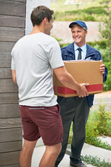 Courier man, customer and box for service at house reading and happy for delivery, shipping and...