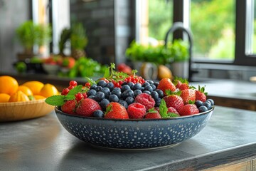 A vibrant and fresh bowl of mixed berries presented in a stylish kitchen setting, symbolizing...