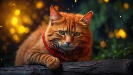 Obraz premium Red Cat looks at the night sky. Animal resting in the forest, bokeh, red and yellow and green lighting