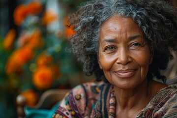 Close-up of a serene elderly woman with grey curly hair and a warm smile, surrounded by greenery