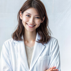 a smiling woman in a white lab coat, a stock photo , trending on shutterstock, neoplasticism, stockphoto, stock photo, white background