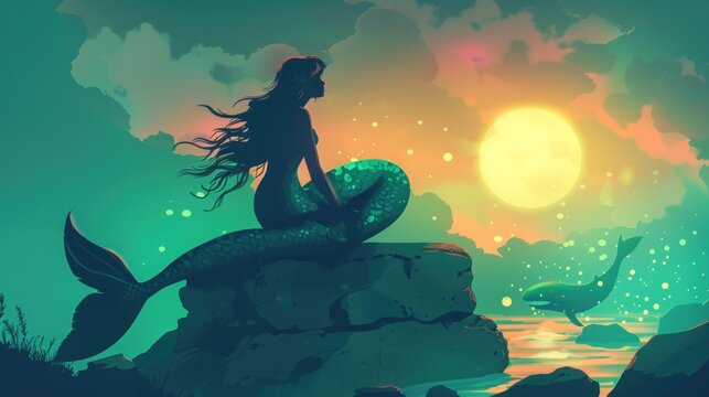 Illustration of a mermaid sitting on a rock on the beach.Ai generated