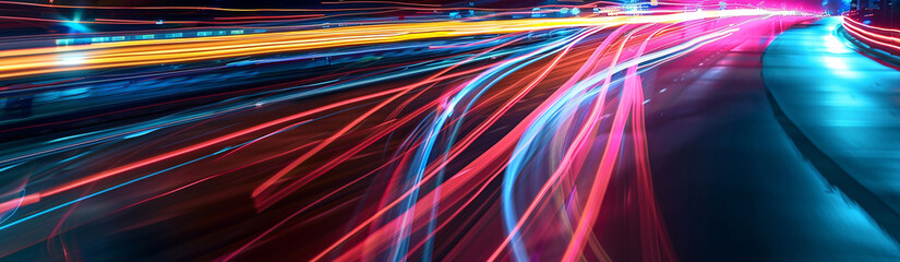 Abstract city lights, blurred motion of night highway traffic, long exposure image of city road and highway lights, creating a dynamic and vibrant urban background.