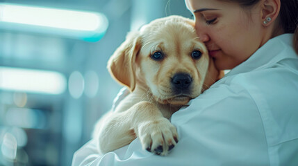 A caring veterinarian in a medical gown holds a small Labrador puppy in his arms before a routine checkup. The concept of caring for and caring for pets. Veterinarian's Day