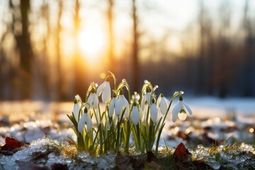 Snowdrops blooming in garden with sunlight background, early spring melting snow
