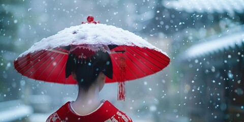 Close-up geisha paseando mientras nieva, camino a casa de una geiko  - obrazy, fototapety, plakaty