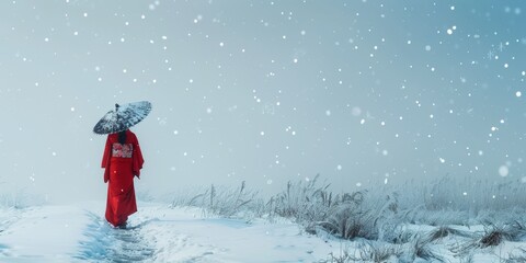 retrato minimalista de una geisha vestida de rojo en mitad de la nieve - obrazy, fototapety, plakaty