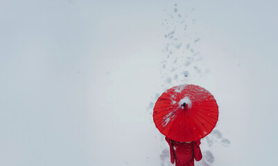 geisha en la nieve aislada, retrato minimalista aesthetic de Japón 