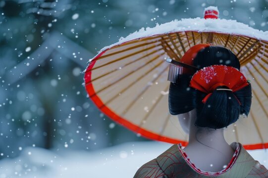 Close-up geisha paseando mientras nieva, camino a casa de una geiko 