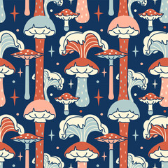 Fun surreal seamless pattern with mushrooms. Vintage dark background with fungi, toadstools and agaric. Playful vision, floral tricky backdrop.