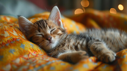 A cute kitten hugs a pillow and is about to go to bed - obrazy, fototapety, plakaty