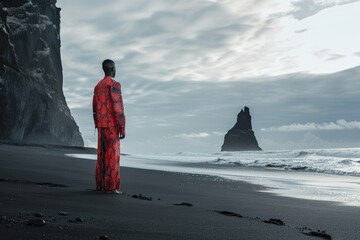modelo con traje rojo posando en playa con arena negra, fotografía editorial minimalista tendencia de moda 