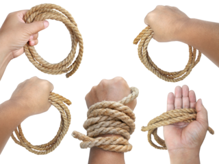 Man's hand holding on to the rope, transparent background