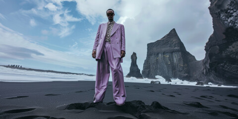nueva colección upcycling, tendencia traje violeta con telas recicladas y sostenibles
