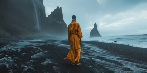 hombre con ropa amarilla paseando por una playa de arena negra, fotografía editorial minimalista moda upcycling