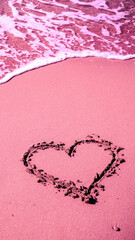 Sea coast. Inscription heart on beach sand Pink toning. Vertical banner - 752238837